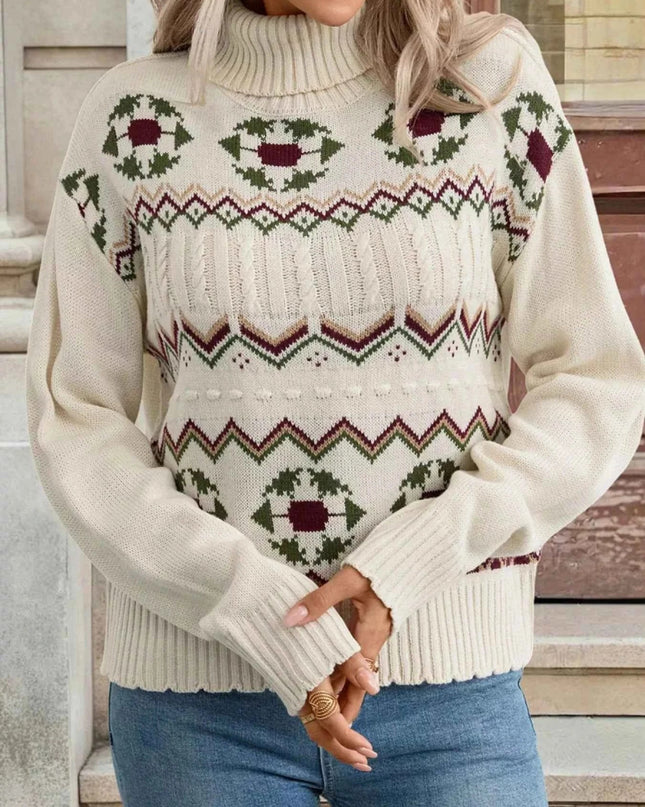 Cable Knit Turtleneck Sweater - Trendsi