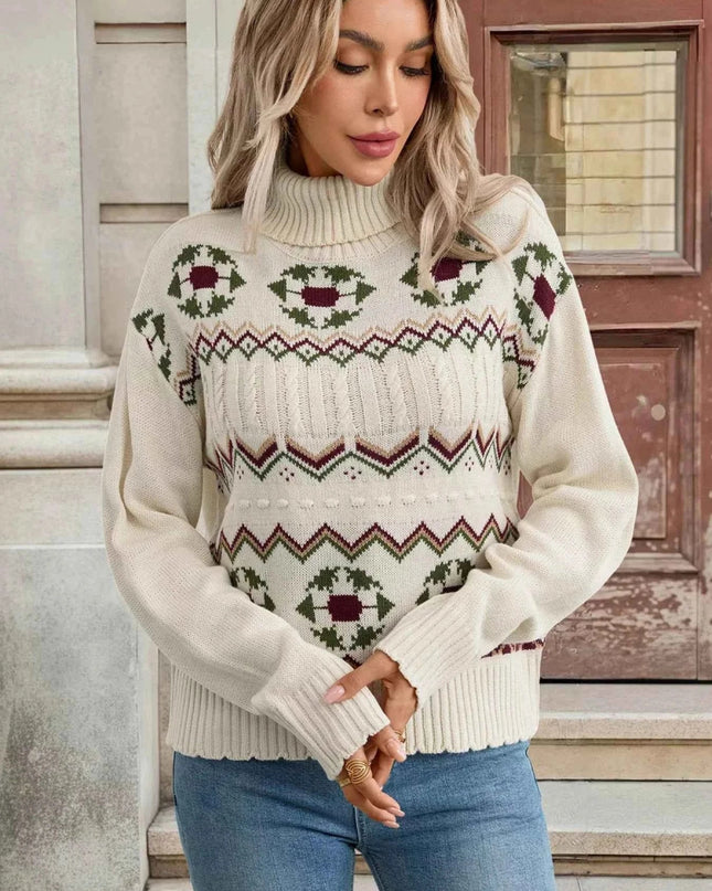 Cable Knit Turtleneck Sweater - Trendsi