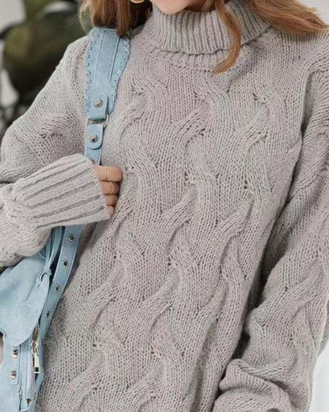 Cable - Knit Turtleneck Sweater Dress - Trendsi
