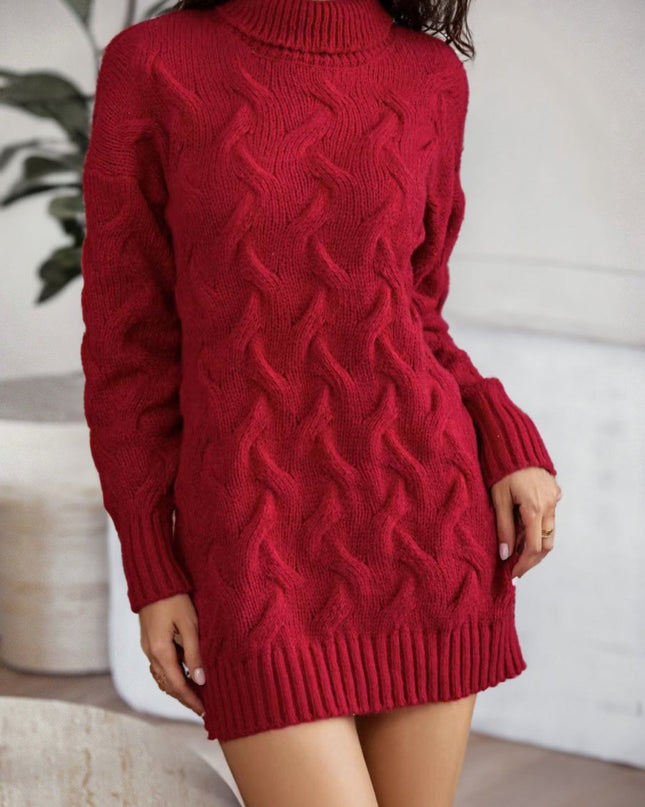 Cable - Knit Turtleneck Sweater Dress - Trendsi