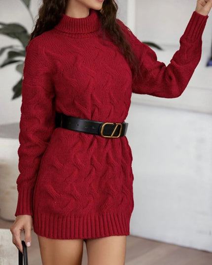 Cable - Knit Turtleneck Sweater Dress - Trendsi