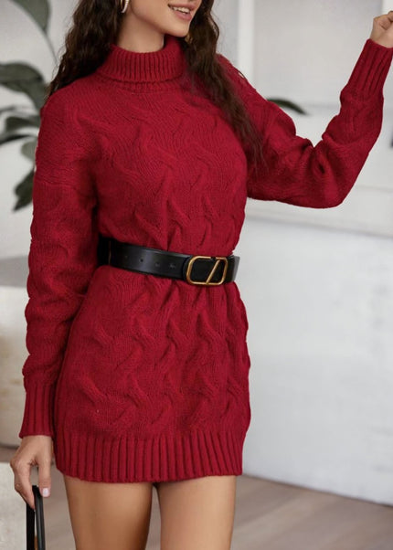 Cable - Knit Turtleneck Sweater Dress - Trendsi