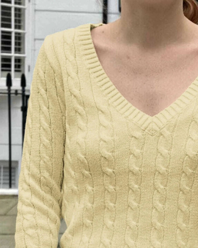 Cable Knit V - Neck Sweater - Trendsi