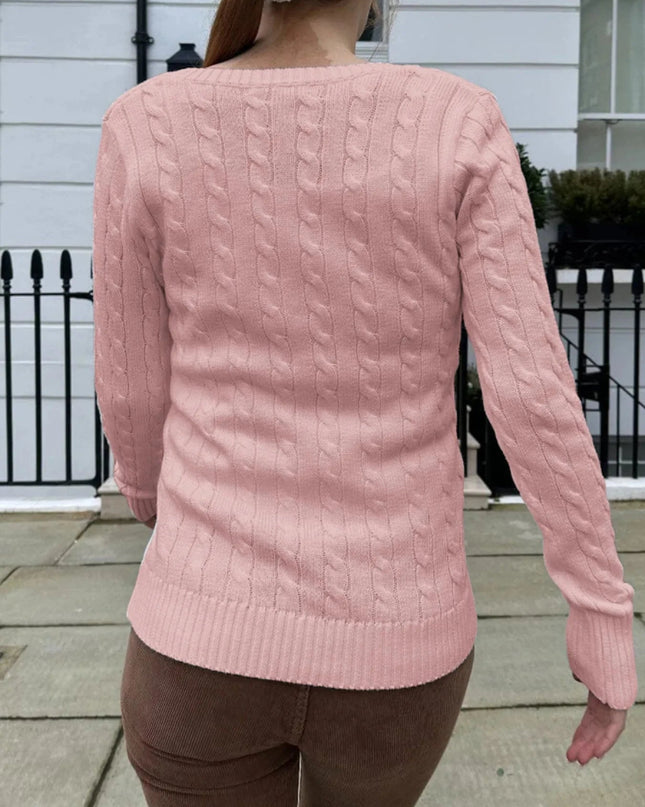 Cable Knit V - Neck Sweater - Trendsi