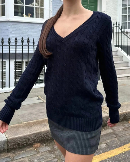 Cable Knit V - Neck Sweater - Trendsi