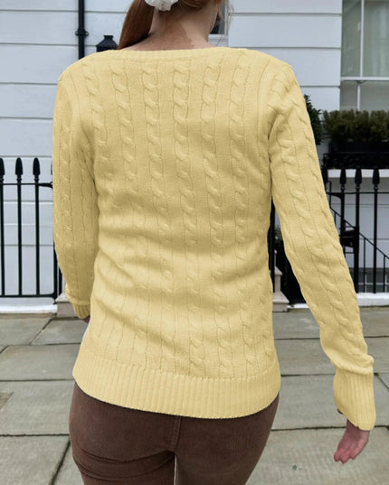 Cable Knit V - Neck Sweater - Trendsi