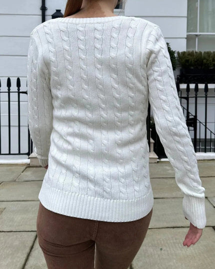 Cable Knit V - Neck Sweater - Trendsi