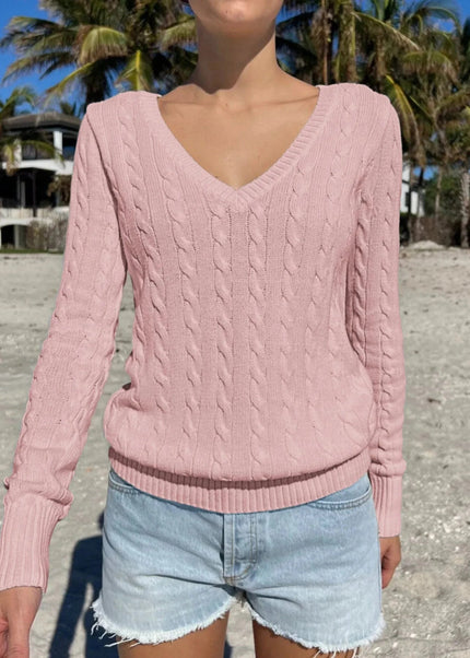 Cable Knit V - Neck Sweater - Trendsi