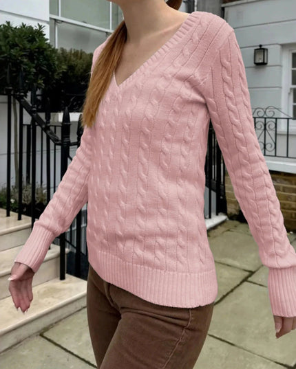 Cable Knit V - Neck Sweater - Trendsi
