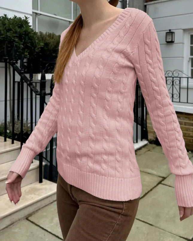 Cable Knit V - Neck Sweater - Trendsi