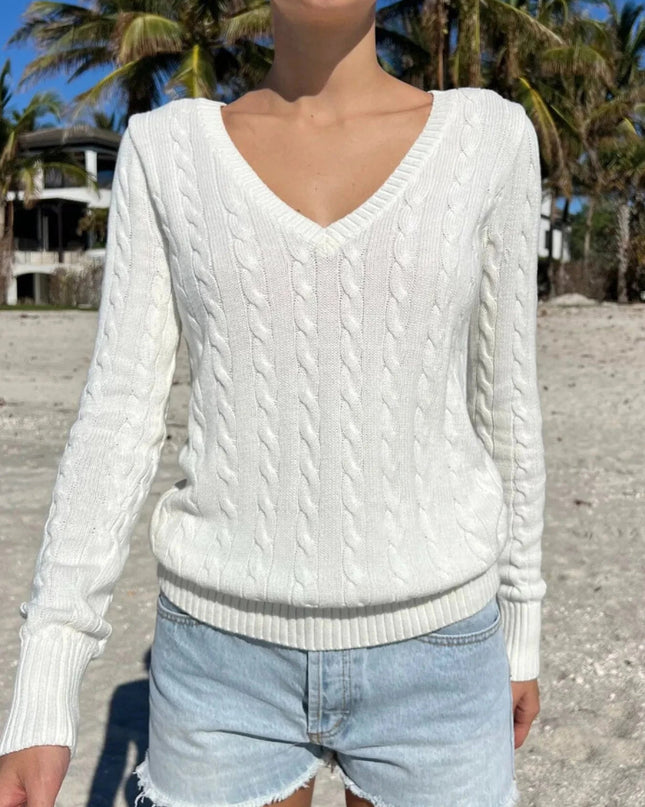Cable Knit V - Neck Sweater - Trendsi