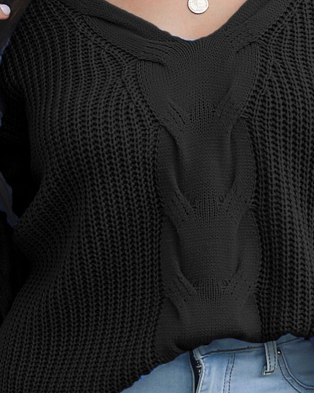 Cable - Knit V - Neck Sweater - Trendsi