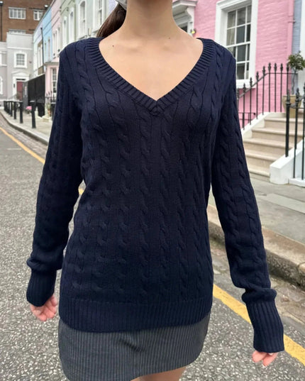 Cable Knit V - Neck Sweater - Trendsi