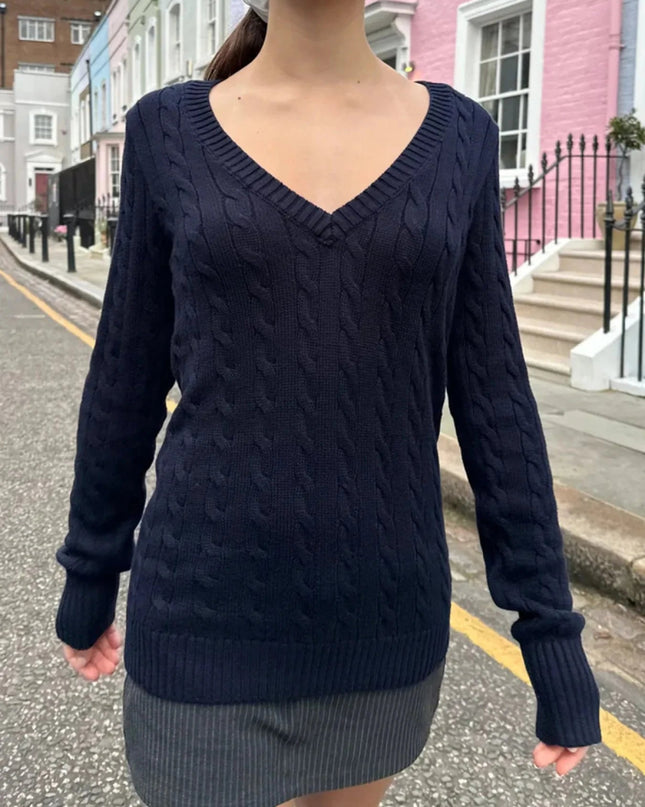 Cable Knit V - Neck Sweater - Trendsi