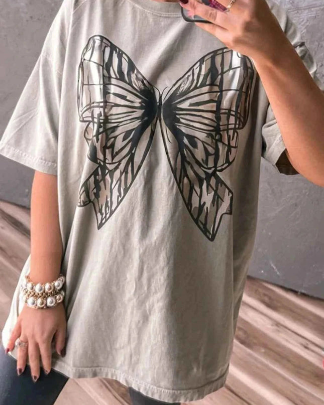 Casual Oversize Bow Drop Shoulder Tunic Casual Tee - Trendsi