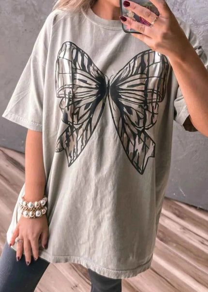 Casual Oversize Bow Drop Shoulder Tunic Casual Tee - Trendsi