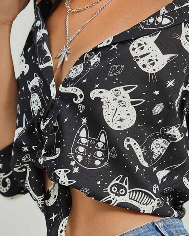 Cat Print Button - Up Shirt - Trendsi