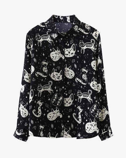 Cat Print Button - Up Shirt - Trendsi