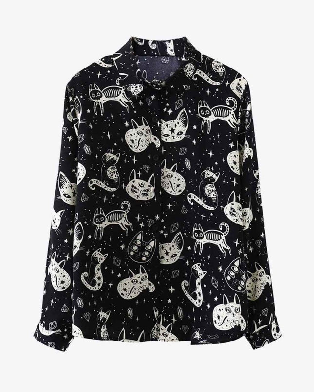 Cat Print Button - Up Shirt - Trendsi