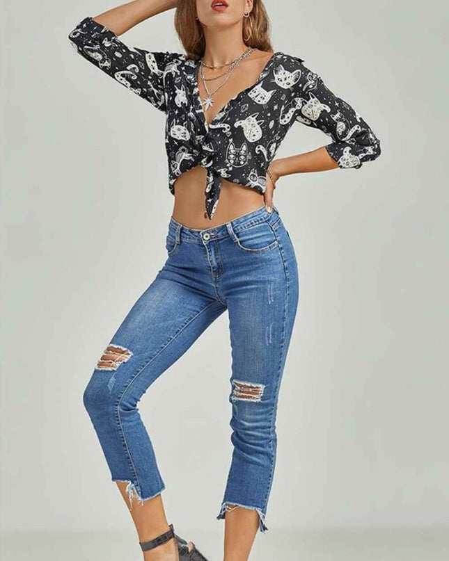 Cat Print Button - Up Shirt - Trendsi