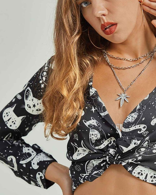 Cat Print Button - Up Shirt - Trendsi