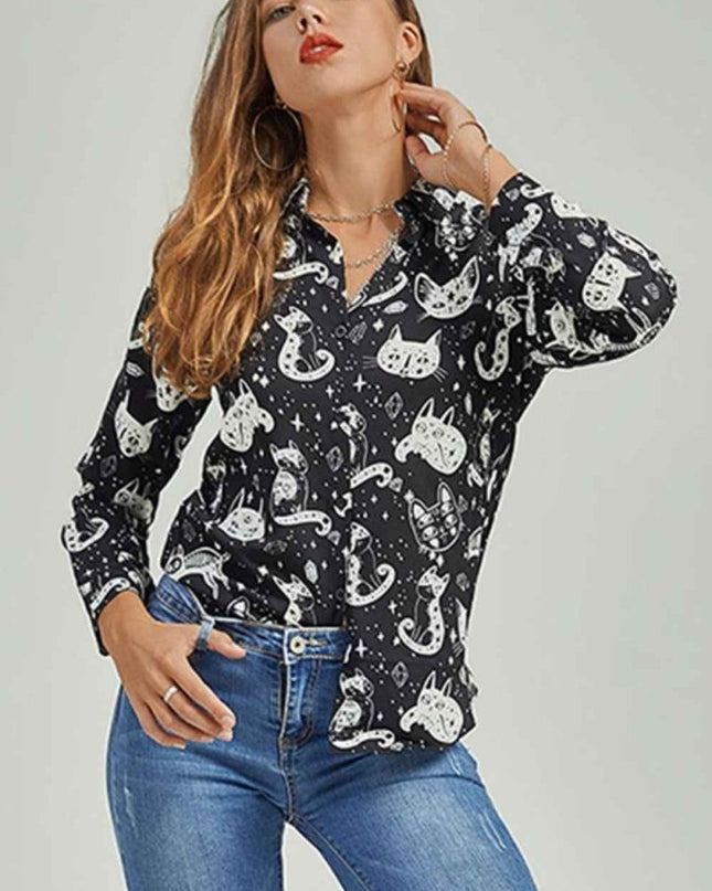 Cat Print Button - Up Shirt - Trendsi