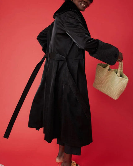 Chic Black Trench Coat with Faux Fur Collar - Winter Fashion Essential - Faux Leather Coats - Buy Me Fur Ltd