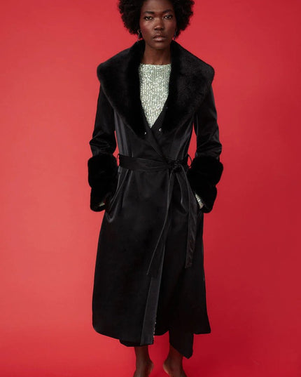Chic Black Trench Coat with Faux Fur Collar - Winter Fashion Essential - Faux Leather Coats - Buy Me Fur Ltd
