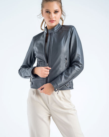 Chic Gray Cropped Leather Jacket - 100% Genuine - Leather Jackets - Buy Me Fur Ltd