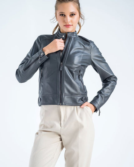 Chic Gray Cropped Leather Jacket - 100% Genuine - Leather Jackets - Buy Me Fur Ltd
