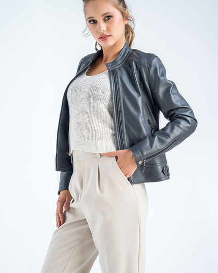 Chic Gray Cropped Leather Jacket - 100% Genuine - Leather Jackets - Buy Me Fur Ltd