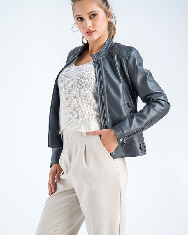 Chic Gray Cropped Leather Jacket - 100% Genuine - Leather Jackets - Buy Me Fur Ltd