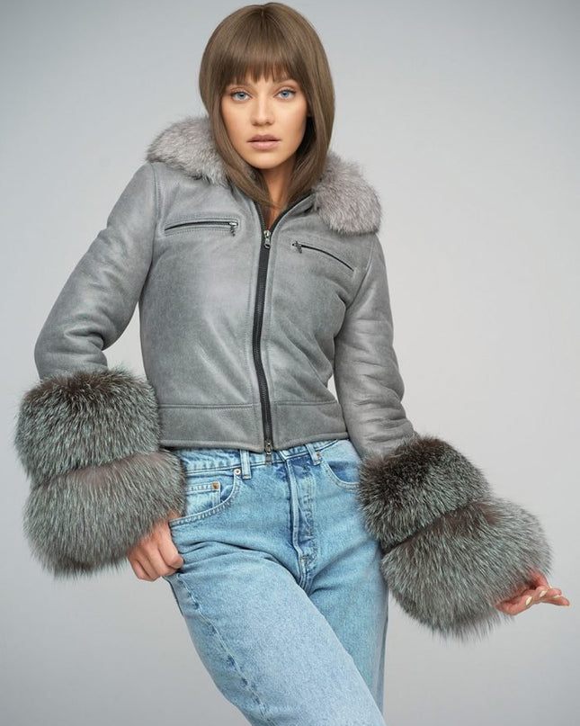 Chic Gray Leather Jacket with Fox Fur Collar - Merino Leather - Leather Jackets - Buy Me Fur Ltd