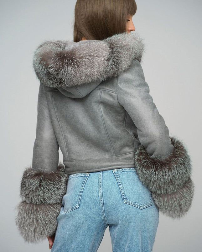Chic Gray Leather Jacket with Fox Fur Collar - Merino Leather - Leather Jackets - Buy Me Fur Ltd