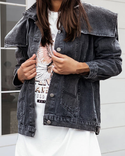 Collared Neck Button Down Denim Jacket - Trendsi