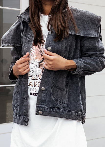 Collared Neck Button Down Denim Jacket - Trendsi