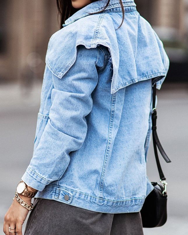 Collared Neck Button Down Denim Jacket - Trendsi