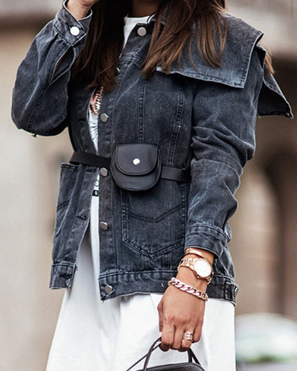 Collared Neck Button Down Denim Jacket - Trendsi