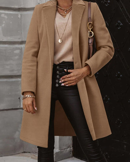 Collared Neck Button Up Long Sleeve Coat - Trendsi