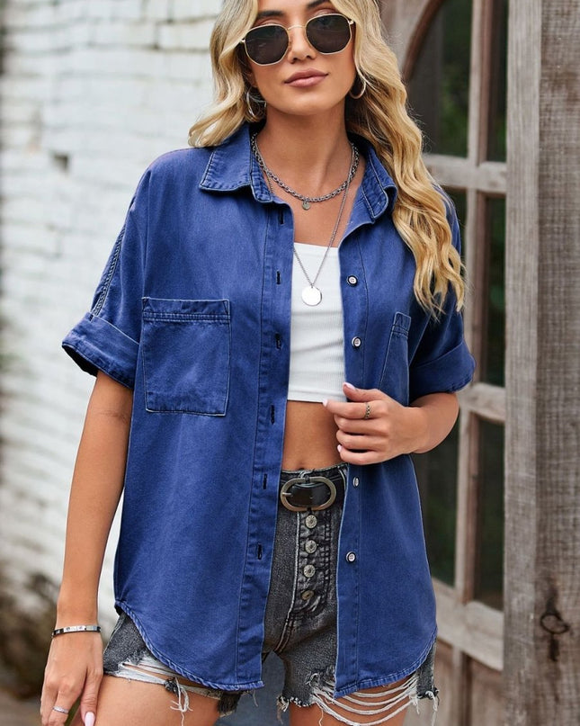 Collared Neck Denim Jacket with Pockets - Trendsi