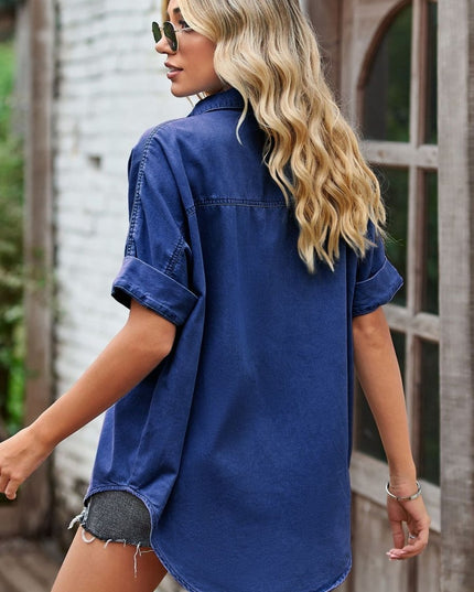 Collared Neck Denim Jacket with Pockets - Trendsi