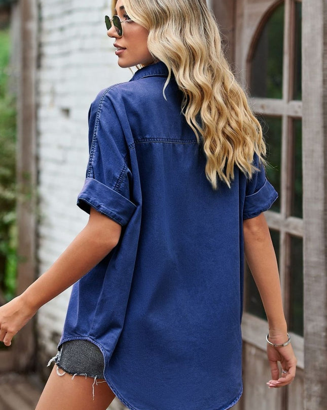 Collared Neck Denim Jacket with Pockets - Trendsi