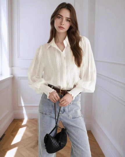 Collared Neck Lantern Sleeve Shirt - Trendsi