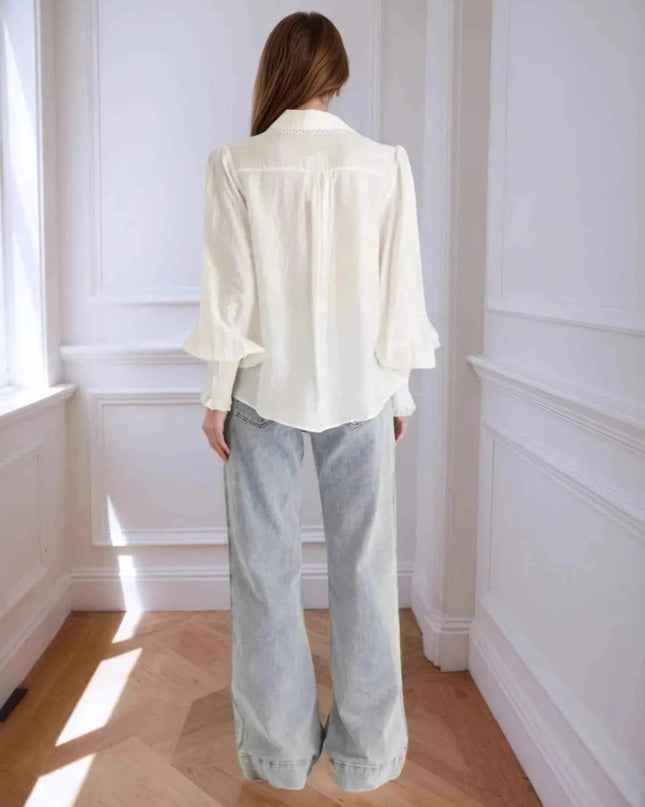 Collared Neck Lantern Sleeve Shirt - Trendsi