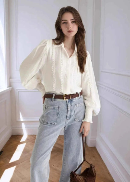 Collared Neck Lantern Sleeve Shirt - Trendsi