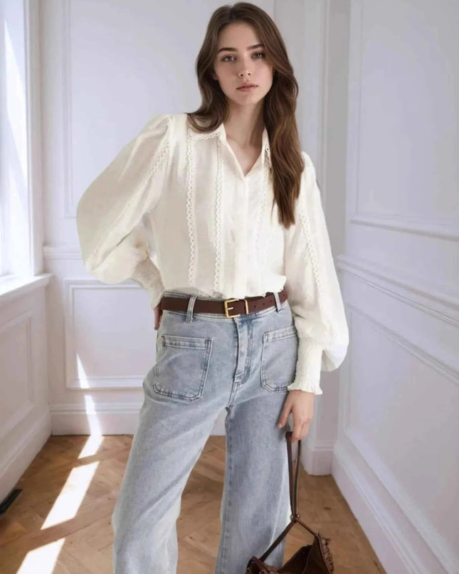 Collared Neck Lantern Sleeve Shirt - Trendsi