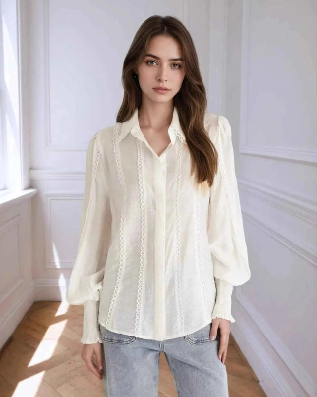Collared Neck Lantern Sleeve Shirt - Trendsi