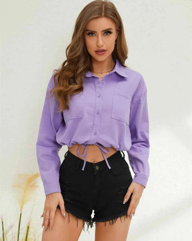 Collared Neck Long Sleeve Shirt - Trendsi