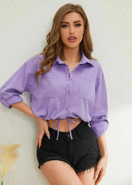 Collared Neck Long Sleeve Shirt - Trendsi