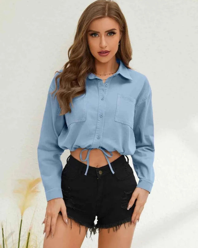 Collared Neck Long Sleeve Shirt - Trendsi